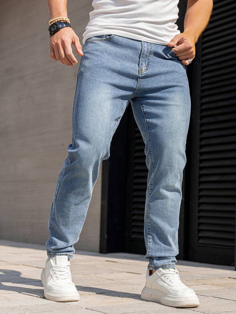 Manfinity Homme Men's Casual Washed Simple Tapered Leg Jeans - Light Wash - View 1