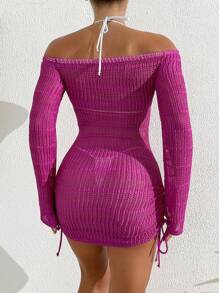 SHEIN X Sofía Suescun SHEIN Swim Quần áo mùa hè cho nữ, váy dài tay hở vai đơn giản, bó sát, dành cho kỳ nghỉ hè ở bãi biển - Màu Hồng Tươi - Xem 2