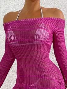 SHEIN X Sofía Suescun SHEIN Swim Quần áo mùa hè cho nữ, váy dài tay hở vai đơn giản, bó sát, dành cho kỳ nghỉ hè ở bãi biển - Màu Hồng Tươi - Xem 4