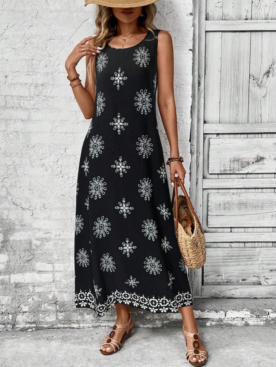 EMERY ROSE 女式复古花卉印花长款休闲连衣裙，夏季 - 黑與白 - 查看 1