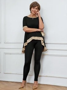 SHEIN LUNE 2 件套春季休闲装，女式拼色拼布衬衫和紧身裤套装 - 彩色 - 查看 5