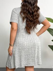 SHEIN Privé Plus Size Elegant Commute Workplace Intelligent High-End Venue Afternoon Tea Slightly Sexy Date Concert Party Round Neck Chest Bow Decor Cable Knitted Short Sleeve A-Line Academy Style Dress - Grey - View 4