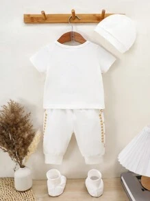 Newborn Baby Boy 4-Piece Summer Outfit Set, Including: 1pc Yellow Retro Print Short Sleeve Knit Top, Adjustable Waist Pants, Hat, And Foot Covers, Suitable For 1-9 Months Infants, Great For Daily Casual Wear And Outdoor Activities - White - View 2