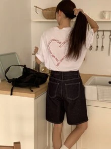 DAZY Camiseta de cuello redondo con estampado de corazón de manga corta de estilo minimalista para uso diario en verano, tops lindos