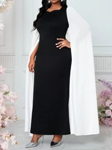 SHEIN Lady Women's Black And White Elegant Traditional Formal Wedding Guest Dress,Summer Plus Size Knitted Chiffon Sweetheart Cloak Sleeve Contrast Mesh Dress - Black and White - View 3