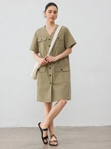 Dazy-Less Vestido de verão feminino estilo reto, estilo casual, com bolsos grandes e comprimento médio - Verde de Exercício - Ver 6