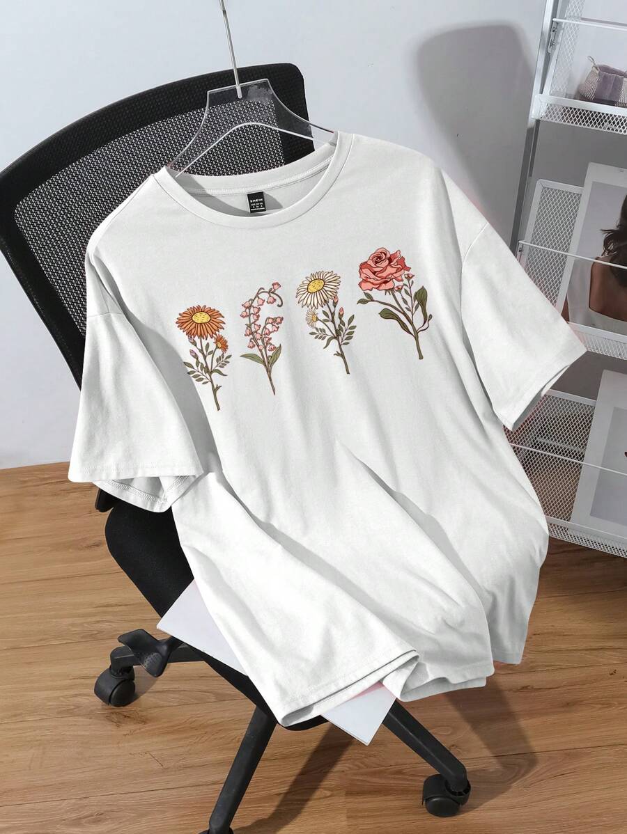 SHEIN EZwear Áo thun nữ cổ tròn tay ngắn họa tiết tối giản rộng rãi cỡ lớn, phù hợp cho mùa hè - trắng - Xem 1