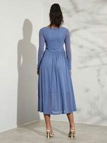 Glamine Vrouwen effen lange mouw mesh borst trekkoord midi-jurk - Elegante lente- en zomervakantiejurk, Valentijnsdag
