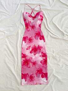 Soleia Women Floral Print Spaghetti Strap Backless Bodycon Dress - Red Violet - View 6