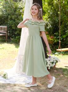SHEIN Tween Girls Elegant Sage Green Summer Party Dress,Strapless Off Shoulder Tulle Puff Sleeve Bow Formal Short Dresses For Vacation Spring Wear - Green - View 4