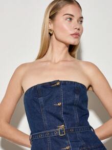 AiiRZ Top bandeau de mezclilla sin tirantes con detalle de botones delanteros y cinturón ajustable, inspirado en el estilo corsé de la moda callejera y de festivales del estilo Y2K