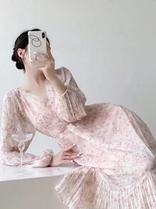 DAZY Women All Over Floral Print Waist Cinched Long Dress,Fall Dress Long Sleeve Dress - Pink - View 3