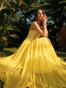 Anewsta Women's Backless Sequin Sexy Evening Dress, For Birthday, Spring/Summer, Festival, Sundress - Yellow - View 4