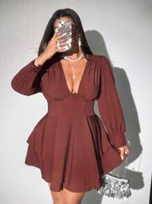 Viva Relle Plus Size Elegante Sexy Effen Diepe V-hals Pofmouw Mini Jurk