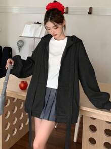 DAZY Women's Hooded Solid Color Bow Decor Long Sleeve Sweatshirt,Fall Women Clothes Jacket - Black - View 3