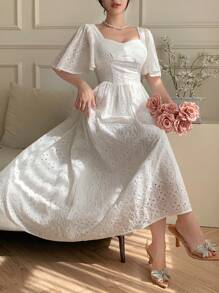 DAZY 女士方领荷叶边袖褶饰中长连衣裙