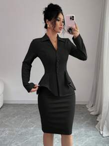 Elenzga 2pcs/Set Women Waist Cinching V-Neck Top And Bodycon Skirt Suit, Autumn/Winter Fall Cloth For Women - Black - View 5