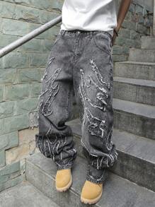 Manfinity Roghcode Men's Casual Pocket Frayed Hem Simple Denim Jeans - Dark Grey - View 3