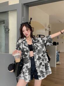 DAZY 女士全花卉印花单排扣宽松短袖衬衫