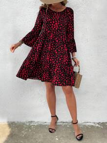 EMERY ROSE Women's Round Neck Long Sleeve All-Over Heart Print Casual Short Dress - Multicolor - View 5