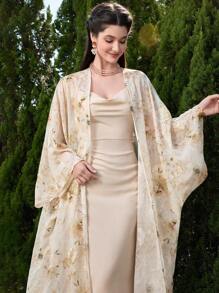 Modelyn 女士阿拉伯风格花卉印花礼服和连衣裙套装 米色连衣裙 奢华婚礼晚礼服 女士两件套 女士夏季服装 奶油黄色 花卉，端庄 - 彩色 - 查看 9