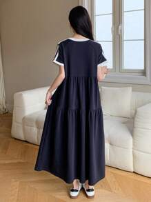 DAZY 女士宽松圆领中长连衣裙，春夏长款连衣裙 - 藏蓝色 - 查看 6