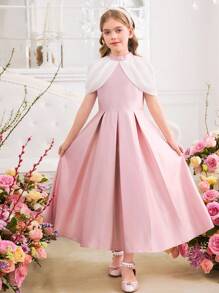 SHEIN 青少年女孩优雅撞色拼接工字背设计立领连衣裙 - 粉色 - 查看 8