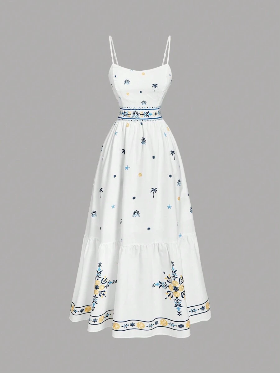 SHEIN MOD 女式休闲热带印花修身吊带收腰喇叭下摆细肩带连衣裙，波西米亚风，浪漫，春季，节日，热带，优雅，度假，飘逸，茶会，端庄，花卉服装女装 - 白色 - 查看 1