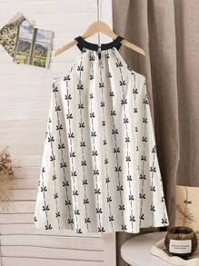 Vestido corto casual y suelto con cuello redondo, halter, sin mangas, estampado de rayas y lazos, para adolescentes