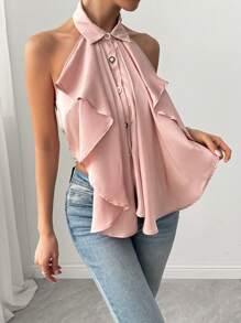 SHEIN Unity 女士夏季荷叶边无袖露背挂脖衬衫 - 淺粉色 - 查看 5