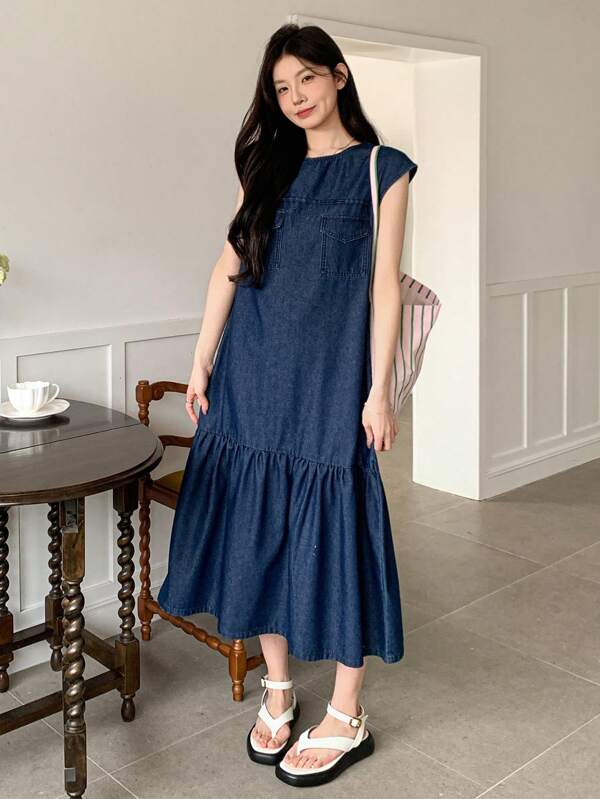 DAZY Women's Round Neck Ruffle Hem Long Denim Dress Sundress