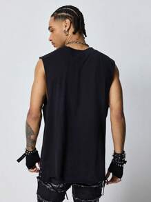 ROMWE MEN Street Life Men's Punk Cross Print Round Neck Casual Tank Top - Black - View 3