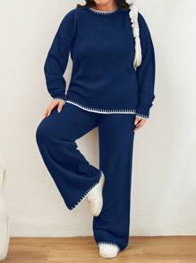 EURMUSE Color Block Edged Long Sleeve Sweater And Knitted Pants Two Piece Set - Navy Blue - View 5