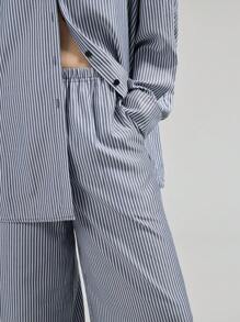 Ontre 2pcs/Set Women Blue Button Front Long Sleeve Pocket Striped Minimalist Top And Pants Set - Black and White - View 6