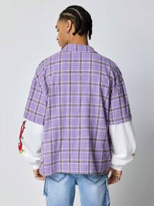 ROMWE MEN Prep 男式前扣格子拼接长袖休闲衬衫