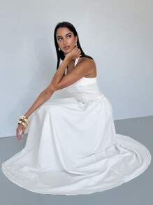 Aloruh Women's Sexy And Elegant French Solid Square Neck Halter Backless Fit And Flare White Maxi Dress Women Summer Dresses For Women Women White Dress White Dresses For Women Beach Outfits For Woman