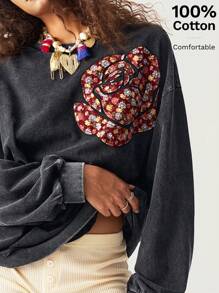 Bohemela Casual Solid Color Knit Round Neck Long Sleeve Floral Print Women Sweatshirt - Black - View 1