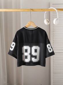 SHEIN Sparklyn Tween 女童街头时尚运动队球衣号码拼接 V 领短款宽松短袖 T 恤，适合假日、夏季、旅行 - 白色 - 查看 5