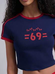 Easelle Baseball  Navy Blue Letter Print Short Sleeve Slim Fit Knit T-Shirt For Women 2025 Summer  Festival - Blue - View 1