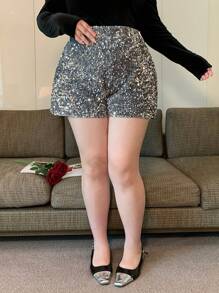 Dazy Plus Pantalones cortos rectos con cintura elástica y lentejuelas para todas las estaciones, talla grande