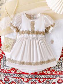 Baby Girl Summer New Solid Color Casual Lace Patchwork Dress - White - View 3