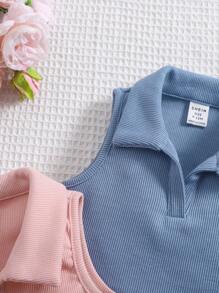 SHEIN 女婴休闲百搭纯色针织短款无袖高领上衣 - 粉色 - 查看 3