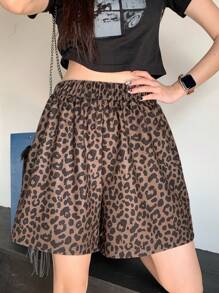 DAZY 女士豹纹松紧腰休闲短裤，夏季日常穿着 - 咖啡棕 - 查看 1