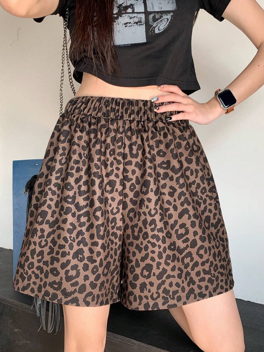 DAZY 女士豹纹松紧腰休闲短裤，夏季日常穿着 - 咖啡棕 - 查看 1