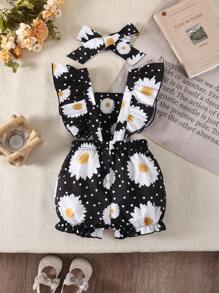 Infant/Baby Girl Floral Allover Print Minimalist Casual Romper - Black - View 2