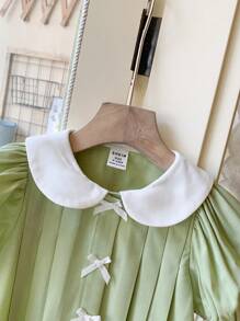 SHEIN Baby Girl Cute Green Peter Pan Collar Bow Short Sleeve Dress For Summer - Green - View 4