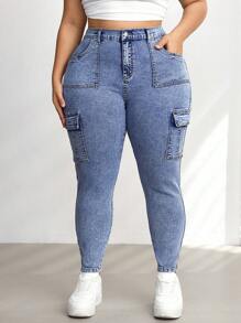 SHEIN CURVE+ Quần Jeans Skinny Lưng Cao Co Giãn Cỡ Lớn Có Túi Hộp, Mùa Hè - Màu xanh lam - Xem 6