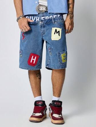 Street Life Men's Double Waistband Embroidered Denim Shorts