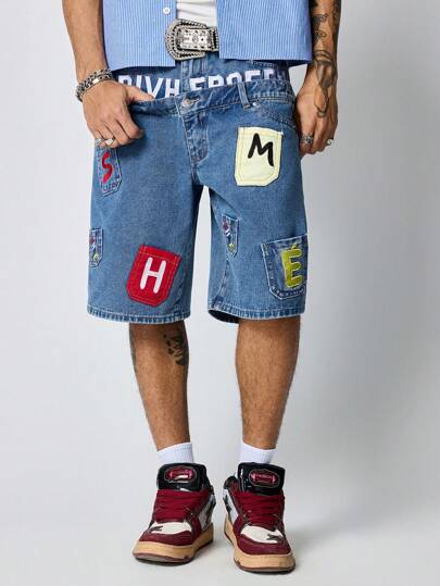 Street Life Shorts en jean brodés à double ceinture pour hommes