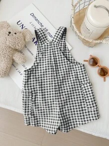 SHEIN LMoss Kids LMoss Newborn Baby Boy/Girl Summer Versatile Cute Plaid Pattern Jumpsuit With Overalls